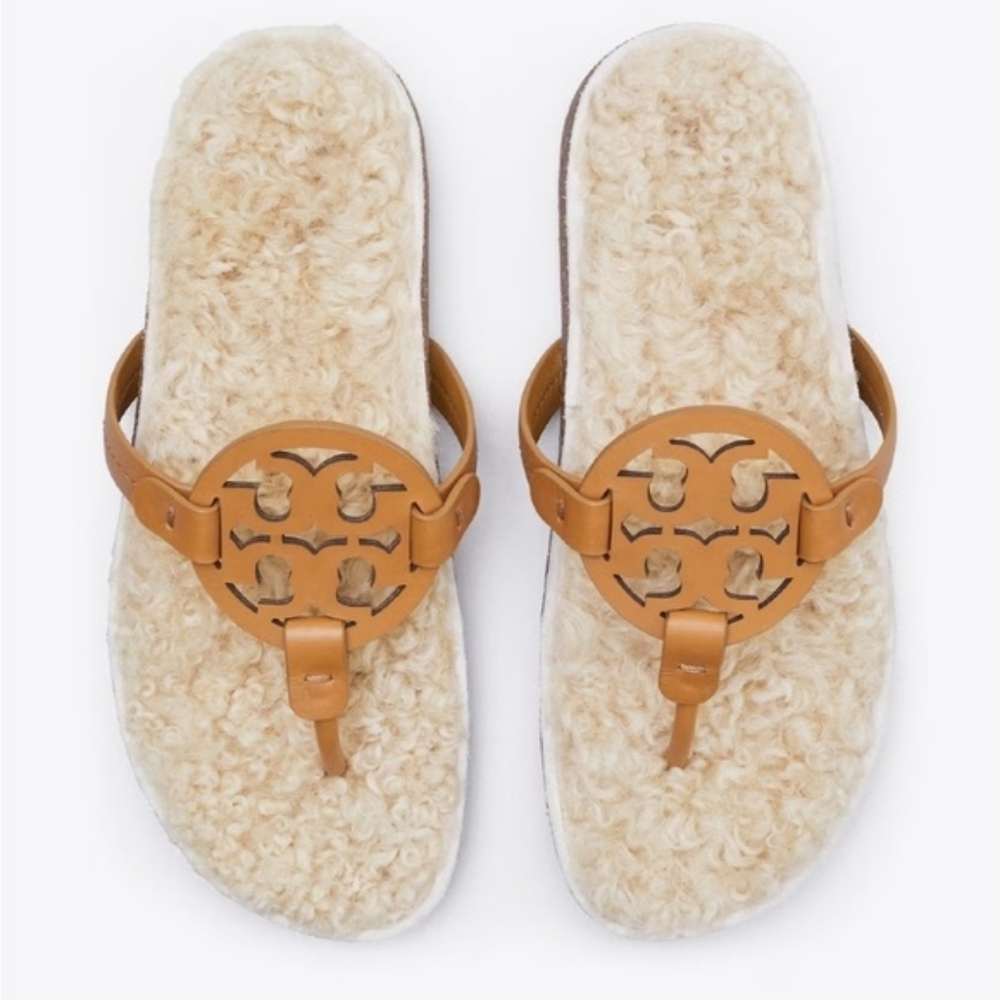 Tory Burch Miller Cloud Shearling Caramel Corn Leather Sandals Size 9